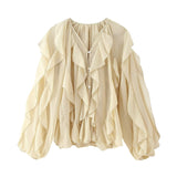 Laminated Decoration Fashion V-Neck Long-Sleeved Shirt 2025 Spring And Summer Thin Single-Dbutton Loose Top Woman