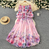Early Spring Holiday Style Dress Woman 2025 New Shoulder Strapped Belt Waist Lantern Sleeve Print Chiffon Long Skirt