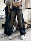 High Street Vintage Blue Straight Jeans Men And Women Loose-Hanging Feel To Do Old Fashion Broad-Legged Drag Pants Tide