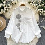 Spring Day Shirt Women 2025 New French Heavy Industry Diamond Three-Dimensional Flowers Loose Thin Single-Drilled Chic Shirt