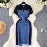 2025 Net Red New Niche Round Collar Short Sleeve Splicing Denim Dress Women Senior Feel Waist-Wear Two Long Skirts