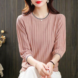 V-Neck Seven-Sleeved T-Shirt Women's Mid-Sleeve Top Ice Knitted Shirt Thin Mother Spring T-Shirt Elegant