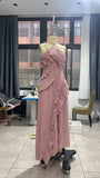 2025 Summer Women's New Temperament Of The Famous Lotus Leaves Side Fold Hanging Neck Hanging Dress Dress Dress Dress Dress