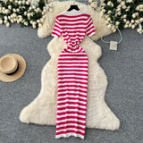 Korean Chic Vintage Collar Single Buckle Began Striped Knitted Dress Female Thin Dress