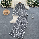 Lightly Familiar Wind Wearing A Female Fashionable Loose-Fitting Long-Sleeved Printed Shirt + High-Waisted Casual Broad-Legged Trousers Set