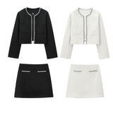 2025 Spring Long Sleeve Water Drill Decoration Short Rough Spinning Ring Velvet Jacket Mini Skirt Suit Woman
