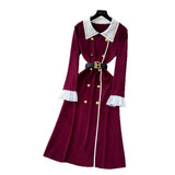 High-Grade Small Fragrant Style Trendy Collar Long Sleeve Metal Double Buckle Waist Thin Temperament Knitted Dress