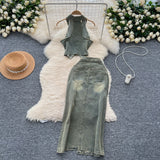 Vintage Water Wash To Make The Old Hanging Neck Sleeveless Collar Collar With Denim Top Two Sets Of Fork Repair Skirts