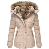 Winter Warm Wool Collar Cotton Clothes Women Zipper Long Sleeve Hooded Cotton Coat W128