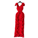 Banquet High-End High-End Light Luxury Small Frills Fold Three-Dimensional Lotus Leaf Side Of The Long Temperament Dress Woman