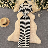 Korean Chic Vintage Collar Single Buckle Began Striped Knitted Dress Female Thin Dress