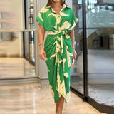 2025INS Women's Printed Collar Short Sleeve High-Waisted Long Shirt Dress