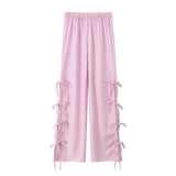 Telter Bow Tie Side Hollow High-Waisted Casual Trousers 2025 Spring And Summer Women's Broad Leg Trousers