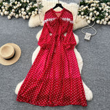 French High-End Neckline Bow Tie Lantern Sleeve Lace Lace To Receive Waist Wave Dot Skirt Chiffon Dress