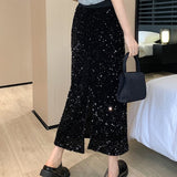 Large-Size Micro-Fat Mm2025 Spring New High-Waisted Bright Split-Dress Woman This Year's Popular A-Word Long Skirt