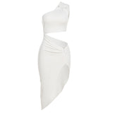 2025 Summer New Women's Fashion Slanted Single Shoulder Hollow Solid Color Draw Folded Waist Dress