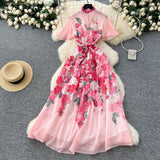 2025 New Holiday Style Dress Women's French Pearl Buckle Waist Thin Temperament Print Chiffon Long Dress