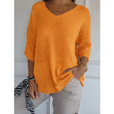 Knitted Casual Sweater Basic Thin V-Neck Seven-Sleeve Solid Female Bottoming Shirt Ice Cream Color