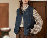 Vintage Denim Vest Vest Vest Women's Spring And Autumn Fashion Fashion New External Folding Shirt Shoulder Clip