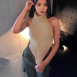 Women's Triangle Irregular Vest Pure Sexual High-Collar Knitted Back Sleeveless Top Woman