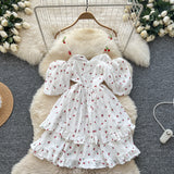 2025 Spring And Summer Sweet Shoulder Slings Bubble Short Sleeve Cherry Print Waist Dress Women's Wooden Ear Short Skirt