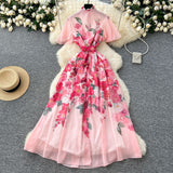 2025 New Holiday Style Dress Women's French Pearl Buckle Waist Thin Temperament Print Chiffon Long Dress