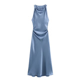 Spring 2025 New Fashion Round-Neck Sleeveless Black Silk-Sense Tidling Dress Woman