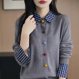 Autumn And Winter Knitted Open Shirt Two Lattice Collar Shirt Early Spring New Color Fashion Splicing Coat Sweater