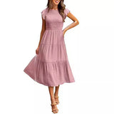 2025 Summer Hot Women's Clothing New To Take Flying Sleeves Pure Color Folding Short-Sleeved Dress Women