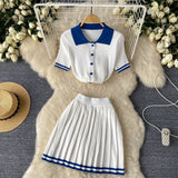 Pure Hot Babes Hit The Color Polo Collar Short-Sleeved Shirt Top + High Waist Thin 100-Folded Skirt Two Sets Of Summer