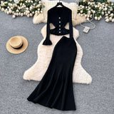 Rich Thousand Gold Wind Senior Feeling Sister Suit Female Autumn Horn Sleeve Knitted Blouse + High-Waisted Fish Tail Half-Body Dress