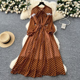 French High-End Neckline Bow Tie Lantern Sleeve Lace Lace To Receive Waist Wave Dot Skirt Chiffon Dress