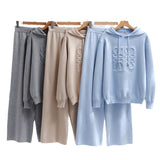 Fashion Suit Women's Korean Version Of Loose Knitted Hoodie Two Sets Of Leisure High-Rise Thin Straight Broad Leg Pants
