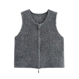 Round Collar Double Zipper Knitted Vest Vest 2025 Spring Loose Short Sweater Cardigan Woman