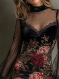 2025 Sexy Lace Lace Sling Dress Flower Printed Net Yarn Ass Short Dress