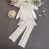 Fashion Suit Women's Korean Version Of Loose Knitted Hoodie Two Sets Of Leisure High-Rise Thin Straight Broad Leg Pants