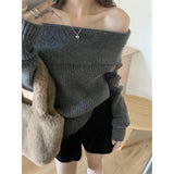 One-Word Shoulder Sweater Autumn And Winter Lazy Wind Loose Retro Wear Bottom Shoulder Collar Knitted Blouse Female Retro Style