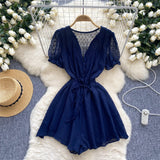 Women's Seaside Beach Pants Summer Dress New V-Neck Bubble Sleeves With Broad Legs Shorts