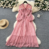 French High-End Neckline Bow Tie Lantern Sleeve Lace Lace To Receive Waist Wave Dot Skirt Chiffon Dress