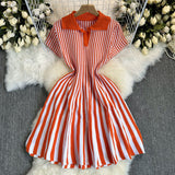 French-Style Retro-Necked Short-Sleeved Striped Knitted Dress Female Waist Temperament Thin A-Word Dress