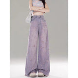 Pink Purple High-Waisted Broad-Legged Jeans Women's New Broken Hole Hair Fall Trousers In Summer 2025