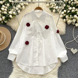 French Niche Design Three-Dimensional Flower Shirt Women's Autumn Loose Thin Ocean To Reduce The Age Of Chic Light Luxury Blouse