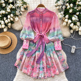 2025 Spring Dress Women's New Dress Elegant Collar Lantern Sleeves To Close The Waist Print Lotus Leaf Side Skirt