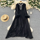 Autumn 2025 New Elegant Solid Dress Round Collared Loose Hair Splicing 100 Folding Long Dress