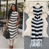 Goddess Fan Temperament Body-In-County-Necked Sleeveless Striped Knitted Dress Women's Summer Tight-Dled Ass Tuxedo Dress