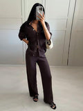 Knitted Suit Women's Two Sets Of 2025 Spring Women's Explosive Solid Color Thin Knitted Broad Leg Trousers Set