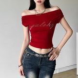 2025 Summer New Women's Hot Hottie Fashion Word Shoulder Repair Umbilly Umbilly Umbilly Umbilly Blouse