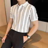 Fashion Summer High-End Short-Sleeved Men's Fashion Brand Striped Collar Ice Silk Knitted Half-Sleeved T-Shirt For Men
