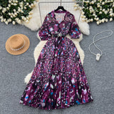 2025 Summer Dress New Niche Light Familiar Wind V To Receive Waist Thin Temperament French Pressure Folding Printing Chiffon Dress