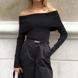 Design Sense Knitted Top Women's Sexy Hot Girl A Word Shoulder Knitted Shirt T-Shirt T-Shirt Sweater Woman